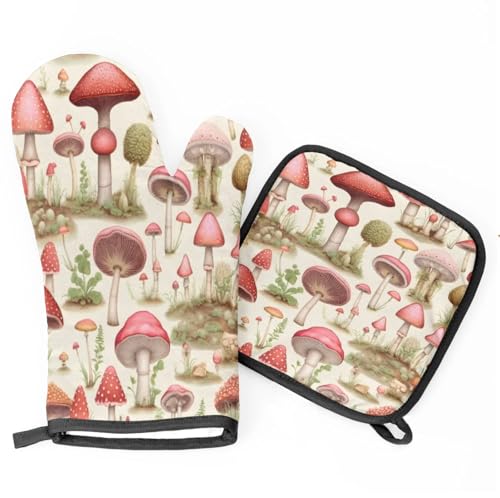 Watercolor Mushrooms Grassy Oven Mitts Kitchen Oven Gloves for Cooking Baking Heat Proof Lining Cotton Kitchen Potholder Mittens Pot Holders Hot Pads for Chef Women Men
