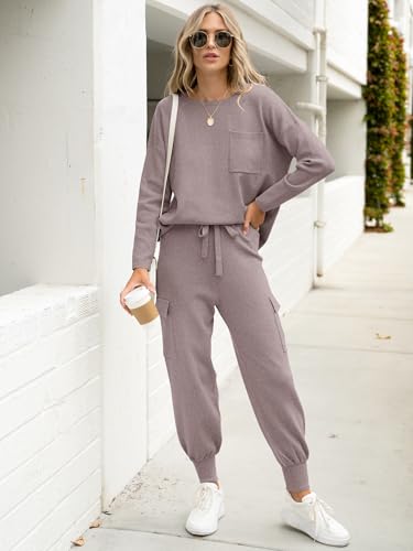 Caracilia Women's Two Piece Outfits Sweater Sets Long Sleeve Knit Tops Matching Cargo Jogger Pants 2025 Fall Lounge Sets3