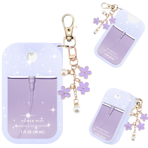 QIOFEARTH Hand Sanitizer Spray Case Compatible with Touchland Power Mist 1 oz(30 ml) - with Flower keychain Silicone Protective Cover Accessories for Touchland (Glittery purple)