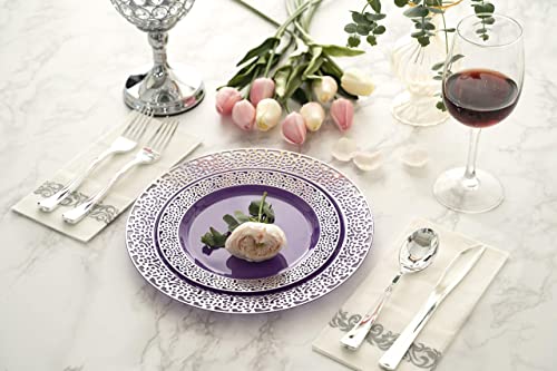 Fomoica Purple Silver Plastic Plates And Silverware - 125 Piece Disposable Premium Plastic Dinnerware Set – Reusable Party Dinner Plates, Forks, Spoons, Knives – Birthday Parties, Wedding, Christmas #TOP2