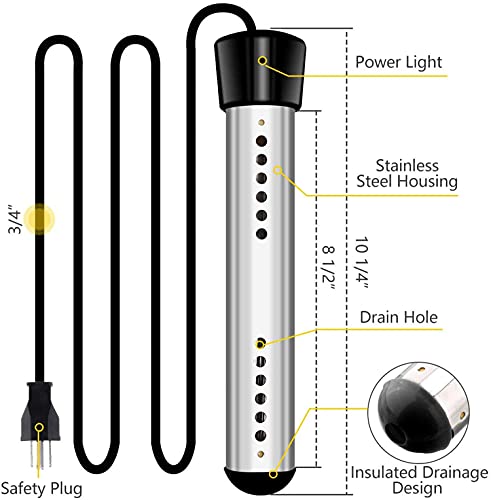 ELECDON Immersion Water Heater, Electric Portable Bucket Heater with Stainless-steel Cover Submersible Water Heater with Digital Thermometer for Pool Bathtub,Basin, Fully Immersed While Using