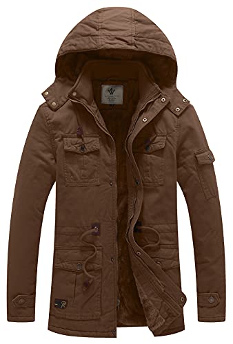 WenVen Giacca Militare Invernale Calda Cappotto con Cappuccio Staccbile Antivento Parka Media Lunga Imbottita Giubbotto Casual in Cotone Uomo Marrone S