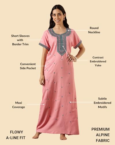 Image of 9shines Label Stylish Alpine Nighty Maxi for Women | Full Length Trendy Nightgown | Premium Nightdress | Nightwear | Heavy Embroidery Nighty with Pockets(2891)