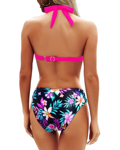 Image of Yonique Women Two Piece Bathing Suits Push Up Bikini Set Halter Swimsuit Vintage Swimwear Pink and Leaves L