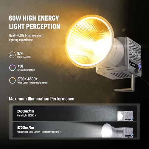 Image of NEEWER 60W Portable RGB LED Video Light Handheld Fill Light, APP /2.4G /Panel Control 18 Scenes 8700Lux /1m 2700-6500K CRI97+ Dimmable COB Continuous Output Lighting for Video Recording Streaming, HS60C