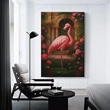 sinyumoney Flamingo in Rose Garden Painting Quadro Su Tela Dipinto Ad Olio, Poster, Pittura Decorativa Da Parete Per Soggiorno, Quadri Per Pareti Della Camera Da Letto 08x12inch(20x30cm)