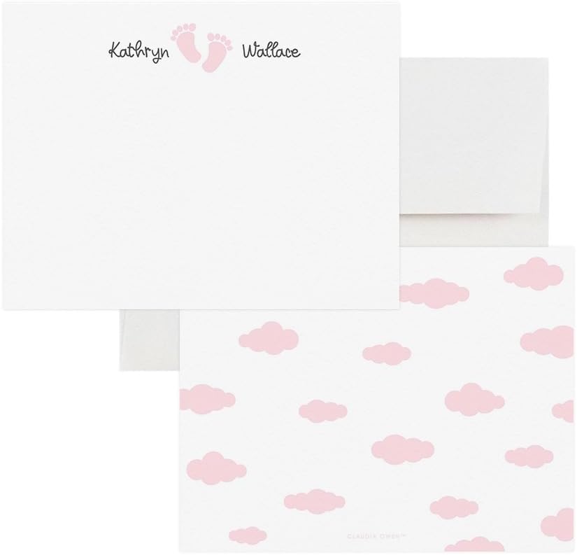 Personalized Baby Footprint Note Cards with Envelopes, Baby Girl Stationary Paper, Custom Girl Baby Shower Thank You Cards, Your Choice of Quantity and Envelope Color