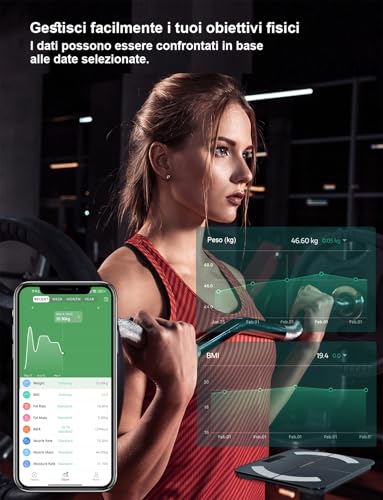 Bilancia Intelligente Impedenziometrica Bluetooth con App, Bilancia Digitale Smart per Grasso Corporeo, BMI, Peso, Massa Muscolare, Acqua Corporea, Proteine, Metabolismo Basale (BMR) - Nero - Immagine 5