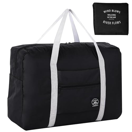 Bizvan Foldable Travel Duffel Bag Large Waterproof Lightweight Tote for Clothes Storage Black with White Straps (Black)
