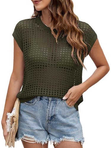Image of Womens Summer Crochet Tops Hollow Out Cap Sleeve Cover Up Tank Top Pullover Sweater Vest Beach Vacation Clothes