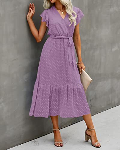 Image of BTFBM Women Summer Bohemian Floral Casual Wrap V Neck Ruffle Cap Sleeveless Belt A-Line Pleated Hem Midi Sun Dress White