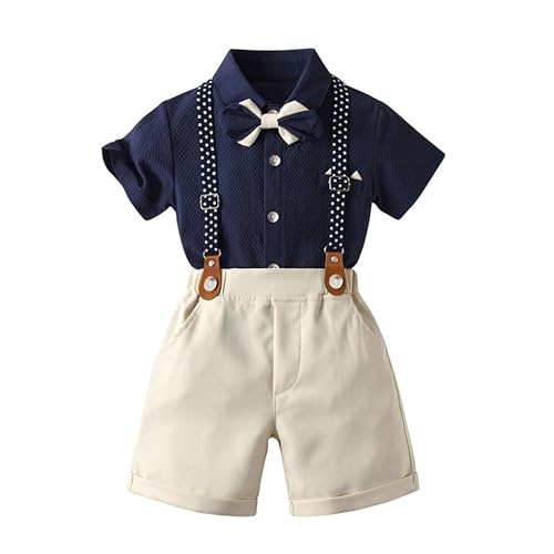 Image of Volunboy Baby Boy Formal Short Set Toddler Summer Gentleman Outfit Kid Short Sleeve Bowtie Shirt Suspender Shorts Suit