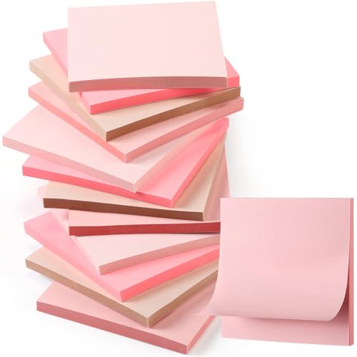 Thenshop 12 Pads Pink Sticky Notes 3''x3'', Self Stick Notes Pads Pink Office Supplies, Vintage Aesthetic School Accessories 50 Sheets/pad