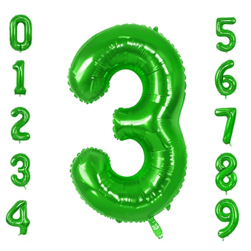 Number 3 Balloons for 3th Birthday Party Decorations, 0-100 Large No.3 Balloons for Girls Boys and Daughter Son, 40 Inch Fruit Green Foil Helium Balloon for 3 Year Old Anniversary Decorations