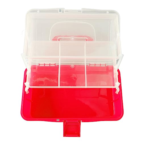 Image of 3 Layer Folding Storage Box, Plastic Dividing Storage Box Handled Art Supply Organizer Portable Folding Tackle Box with Handle Red for Sewing, Art Supplies, Medicine, Tools(27.5x16x13cm)