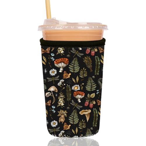 Image of Reusable Insulated Sleeve for Iced Coffee Cup, Coffee Neoprene Sleeve for Cold & Hot Drinks, Beverage Holder for Iced Coffee (Mushroom Mirage, Large: 32oz)