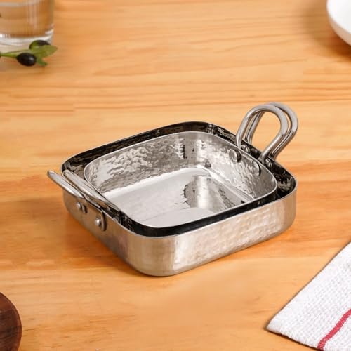 Image of Nestasia Stainless Steel Square Serving Dishes Set of 2 (450ml, 650ml) - Hammered Flat-Base Steel Serving Bowl with Dual Handles | Rust, Stain & Scratch Resistant Serveware with Glossy Finish