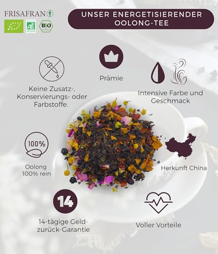 FRISAFRAN | Oolong Bio Energie Tee 200g | Reinigend | Verjüngend | Oolong Tee | Teeblätter | Oolong Tee Lose | Oolong Tee Beutel | Gesunder Aufguss | Oolong Tee Zum Abnehmen | Oolong-Kräuteraufguss