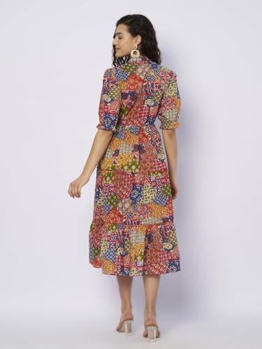 Image of PIDAVLIYA'S Women Cotton Printed Midi Dress with V Neck & Puff Sleeves | Flared A-Line Casual Summer Dress | Stylish Knee Length One Piece for Daily