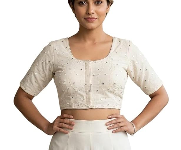 German Cotton Embroidered Blouse for Women | Mirror Work Stitched Blouse with Built-in Cup Padding White-image-20