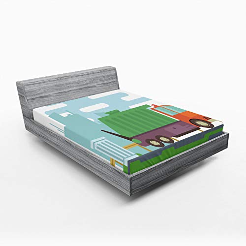Ambesonne Garbage Truck 2 Pack Fitted Sheet, Container on Road, Bed Cover All-Round Elastic Deep Pockets 2 Pieces, Package Contains 2 Queen Size Fitted Sheets, Orange Green