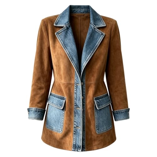 Faux Suede Denim Patchwork Jacket Women Barn Jean Blazer Brown - image 2