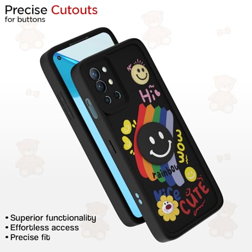 Image of Pikkme Back Cover for OnePlus 8T 5G / OnePlus 9R 5G | Soft Silicone| Cute Rainbow Smile & 3D Cartoon Flower Design | Shockproof Raised Camera Protection Bumper Case (Black)
