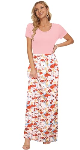 Image of AUSELILY Women's Summer Short Sleeve Loose Plain Casual Long Maxi Dresses | Year Round wear solid floral print, Casual wear, Empire waist, Floor length, Side pockets