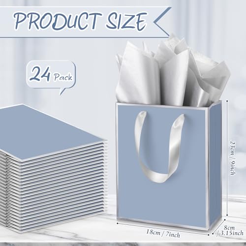 Image of Yeaqee 24 Pack Metallic Paper Gift Bags, Dusty Blue, Silver | with Satin Ribbon Handle and Tissue, 9x7x3.1 Inch, Suit Business, Birthday, Christmas, Thank You Return Gifts Bags
