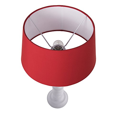 Image of Homesake Handcrafted Wooden Table Lamp for Bedroom & Living Room | Decorative Bedside Reading Lamp with Fabric Shade, E27 Holder | Bulb Included | White Floral Carved Base for Home Decor, Red