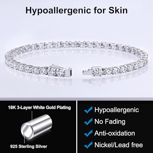 Moissanite Tennis Bracelets for Women, 925 Sterling Silver 18K White Gold Plated Bracelet Jewelry, 3MM Dainty Wedding Bracelets for Women Trendy Birthday Anniversary (3mm 6.3in)3