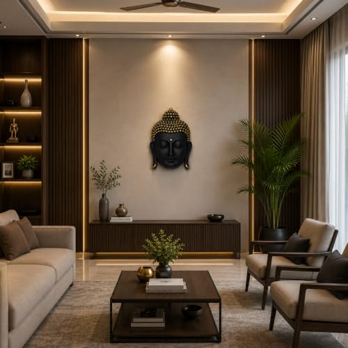 Image of Black & Gold Buddha Face Wall Hanging Statue for Home Decor, Premium Resin Meditation Buddha Wall Art for Living Room, Office, Temple, Yoga Room & Spiritual Decoration