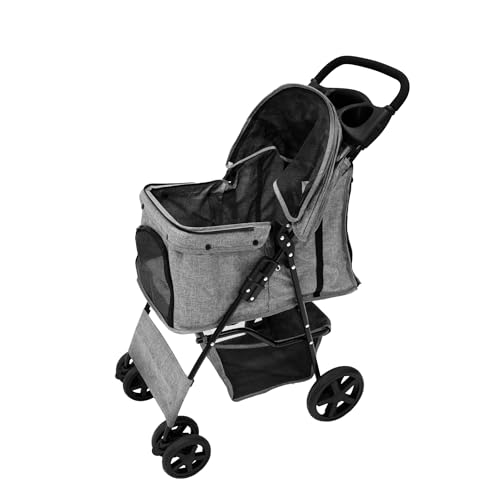 Wandelwagen voor huisdieren, geweven grijze drager, opvouwbare trolley, reiswagen, 15 kg, capaciteit 4 wielen, remmen voor katten en honden, veiligheidshaak leiband, kussen, luifel, gaas, ramen, mand,