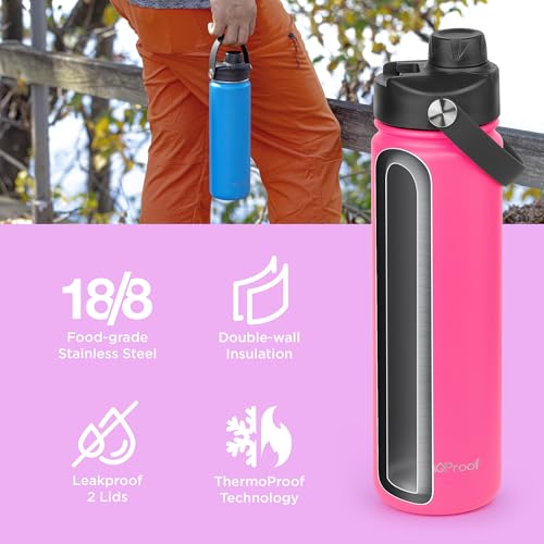 Image of ThermoProof Double-Walled Vacuum Insulated Stainless Steel Water Bottle - Wide Mouth with Chug & Spout Lids, Dishwasher Safe, Reusable, Leakproof, Hot & Cold for Men, Women & Kids - 22oz, Neon Pink