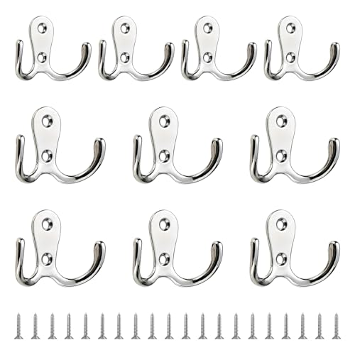 10 PCS Double Coat Hooks, Dual Prong Robe Hooks Wall Mounted, Zinc Alloy Retro Metal Robe for Hanging Clothes, Towel, Jacket, Bathroom, Bedroom, Kitchen - Silver, Includes Screws for Easy Installation