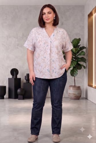 Image of SINDOORI Relaxed Fit Tops for Women Plus Size Solid Printed Mandarin Collar, Band Collar, V-Neck Top, Half Sleeve Loose Fit