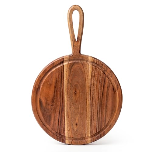 Tabla de cortar redonda de madera de acacia con mango ergonómico miniatura 1