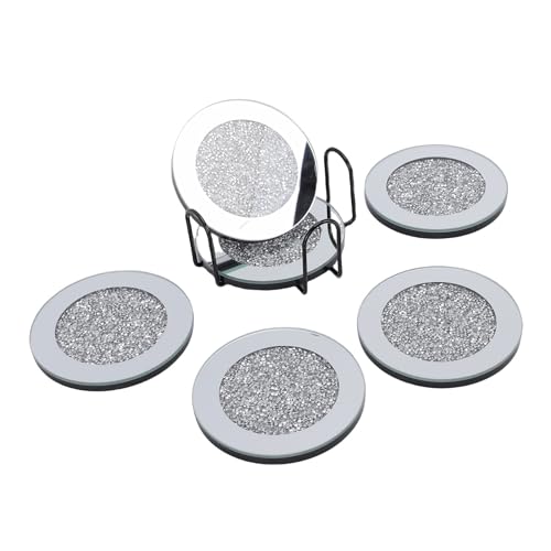 Tnfeeon Juego de 6 Posavasos para Bebidas con Soporte, Estilo de Vidrio, Antideslizantes, para Tazas, Estilo Moderno, para Mesa de café, Protectores de Mesa, Decoración del Hogar, Bar, (Silver)