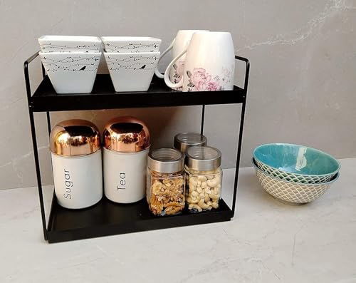 Image of IVAZA Modern Kitchen & Bathroom Organizer - 2-Tier Black Metal Rack with Ventilated Shelves | Space-Saving & Sturdy (Made in India)