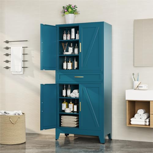 Image of Bevivog Tall Storage Cabinet with Drawers, Metal Pantry Cabinets with Doors and Shelves, 71 inch Bookshelf with 4 Doors, Freestanding Cupboard for Kitchen /Pantry /Living Room /Laundry