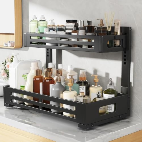Image of 2 Pack 21IN-Depth Under Sink Organizer,Pull Out Cabinet Organizer With Smooth Cylindrical Rail,Metal Slide Out Drawer for Kitchen Bathroom Laundry,8-Level Tool Free Height Adjustable-Black