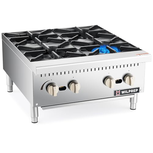 Image of WILPREP Commercial Countertop Gas Range, 4 Burner 100,000 BTU Stainless Steel Gas Cooktop, 24 inch NG /LPG Convertible with Durable Grates, Perfect for Professional Restaurant Kitchen & Catering