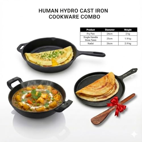 Image of Human Hydro Pre-Seasoned Cast Iron Combo | Fry Pan 24cm + Kadai 26cm (2.2L) + Single-Handle Dosa Tawa 25cm with Spatula | Naturally Non-Stick When Seasoned | Gas & Induction Compatible