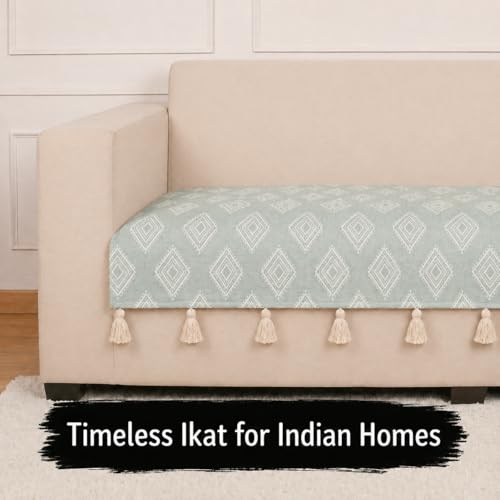 Image of STITCHNEST 'Verdant Rekhika Stories' 2 Seater Sofa Cover| Elegant Jacquard Fabric, Decorative Tassels, Washable & Durable for Modern Living