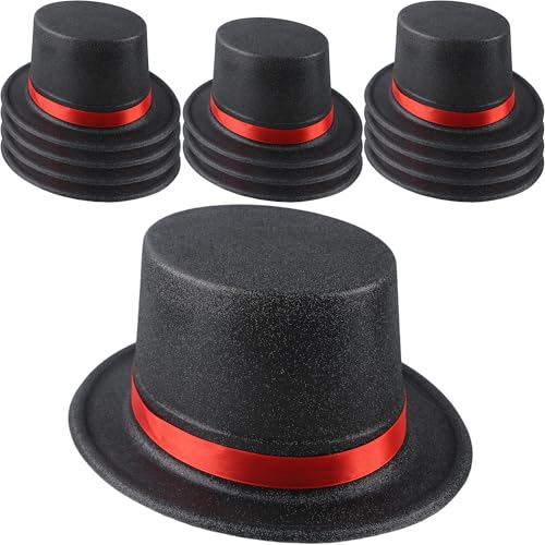 SGBETTER 12 Pack Adults Top Hats Bulk Black Glitter Top Hat with Red Band Plastic Magician Hat for Men Women Dress Up Supplies (Color Style 2 (PVC Glitter))