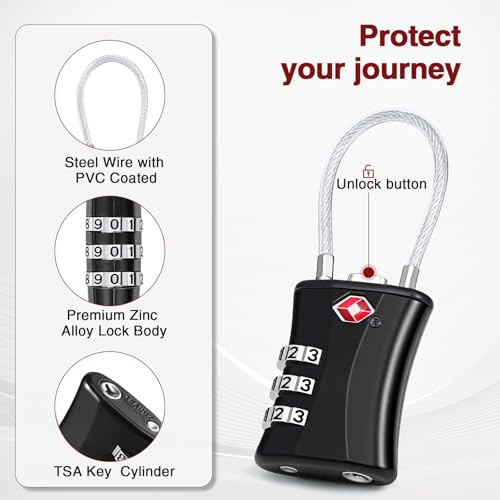 Oderra 2 Pack TSA Luggage Locks, 3-Digit Combination Padlock, Steel Wire With PVC Coated Travel Lock, TSA Approved Luggage Locks, Suitable for Gym Locker Padlocks - Image 5