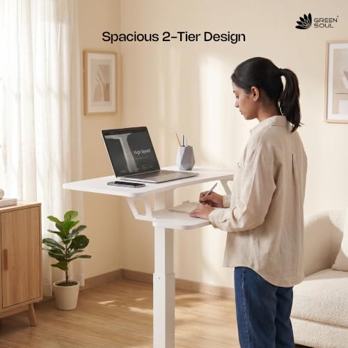 Image of Green Soul Ascend Height Adjustable Table for Office Work and Home |Ergonomic Two Tier Design | Standing Desk for Home Office | 3 Year Warranty | (White)