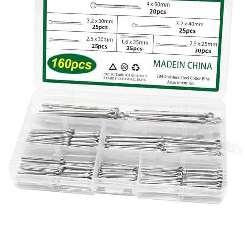 160-Piece Splint Set with Assortment Box, Stainless Steel Safety Cotter Pin Set, 6 Different Sizes for Car and Garden
