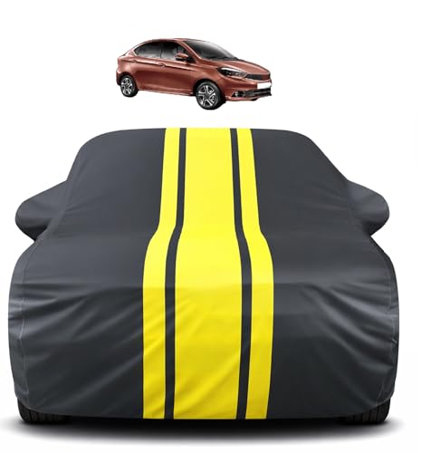 Image of Auto Hub Car Cover Compatible with Tata Tigor with Mirror Pocket, Soft Cotton Lining, Tigor Car Cover Waterproof - Yellow-Black