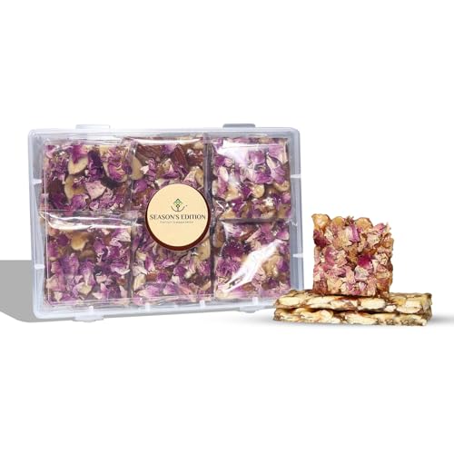 Image of Season's Edition Rose Petals Gulab Chikki-150 gm | No Added Preservatives or Colours | Nutritious Delicious High Protien Healthy Dry Fruit Crunchy Gajak Chikki Sweets with Rose Petals, Almonds, Cashews & Pistachios